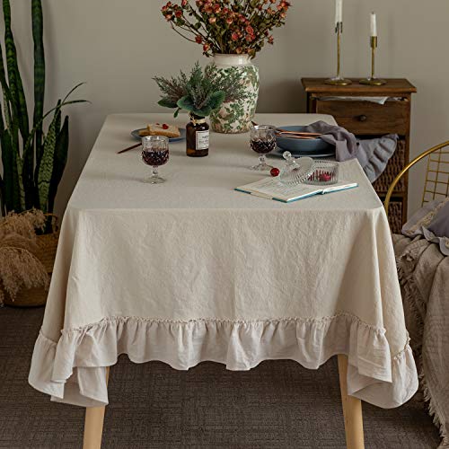 GLORY SEASON Retro Farmhouse Ruffle Tablecloth Cotton Flounces Trim Washable Table Cover Tablecloths for Rectangle Table Baby Shower Kitchen Party Wedding Decor 60''x84'' - size: 60" x 84" (Rectangular)