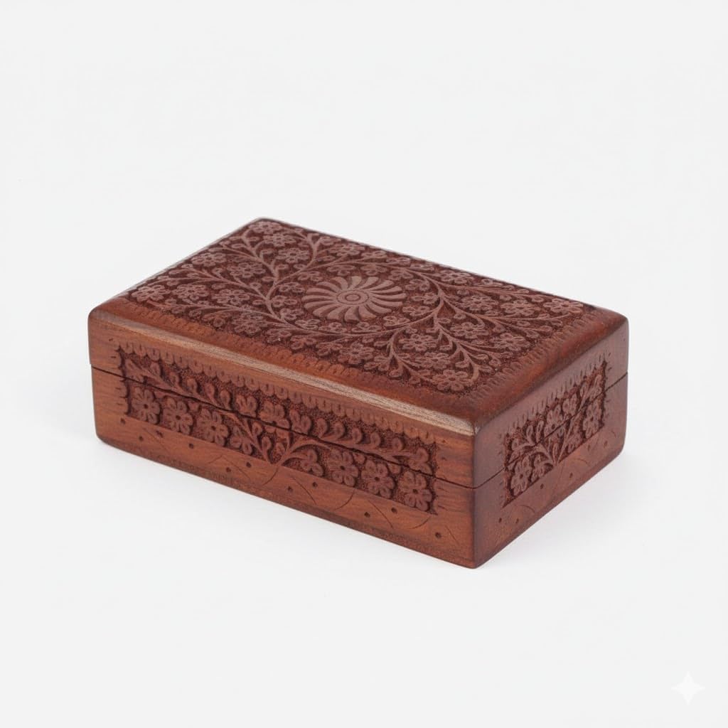 Serenz, Hand Carved Wooden Jewelry Box – Decorative Storage Box for Jewellery, Trinkets, Rings, Earrings, Keepsakes & Gift Items – Multipurpose Wooden Organizer