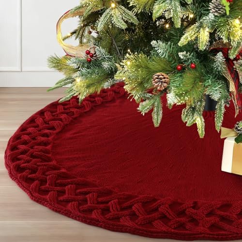TOCHGREEN Red Knitted Christmas Tree Skirt 36 inches Chunky Cable Knit Thick Rustic Christmas Tree Mat Farmhouse Decor Xmas Tree Base Cover for Home Holiday New Year Party Decor (Red, 36inch)