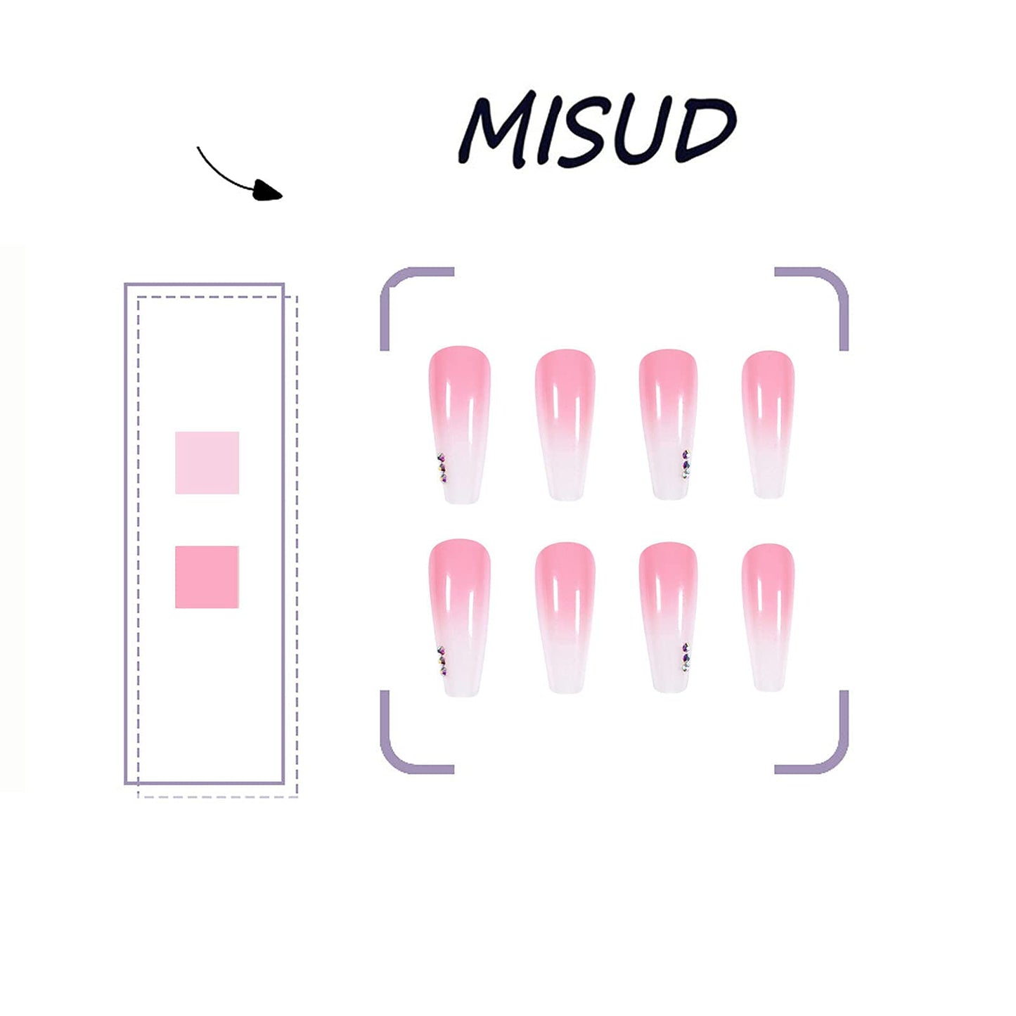 MISUD Press on Nails - Long Coffin Fake Nails with Pink White Ombre, Acrylic Rhinestone Design 24 pcs