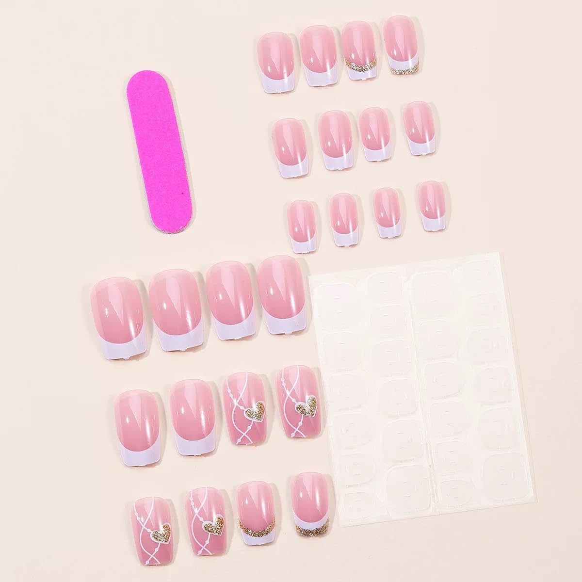 CTTHNBD Press on Nails Square - Medium Fake Nails with Heart Design - Glitter, White French Tip False Nails - for Women 24 Pcs