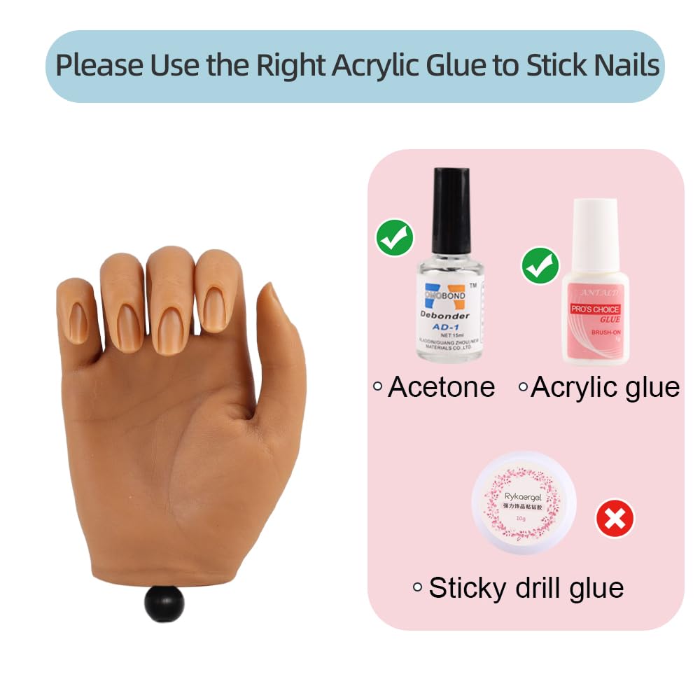 KnowU Silicone Nail Practice Hand, Acrylic Nails Manicure Model, Durable Nail Training Mannequin for Beginners and Professionals, Brown