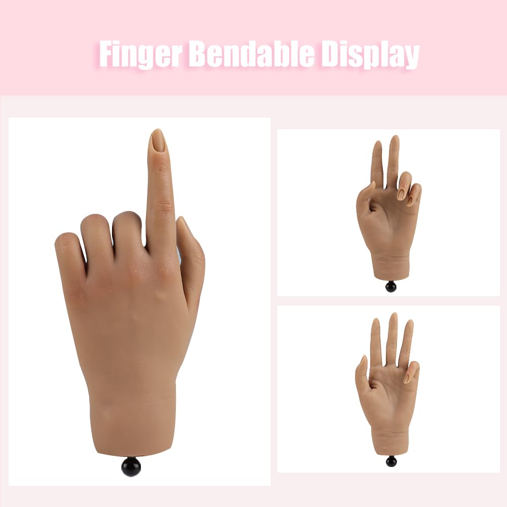 Nail Pratice Training Hand for Acrylic Nails with Stand Bracket,Soft Silicone Maniquin Hand, Flexible Bendable Nail Practice Fake Hand for Nails Art Practice Tool
