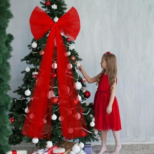 Soulchen 49 Inch Christmas Tree Topper Bow Large Tulle Ribbon,Red