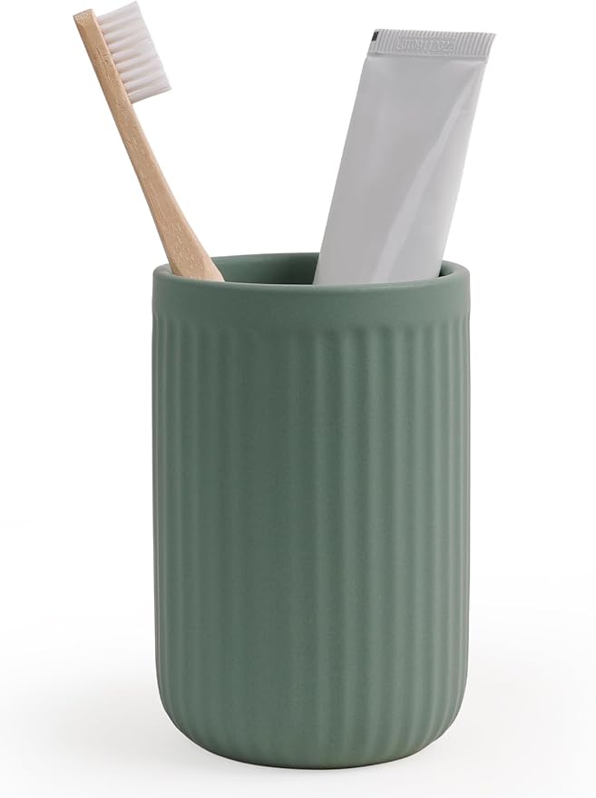 INGOFIN Ceramic Toothbrush Holder, 12 oz Toothpaste Holder Bathroom Cup, Tooth Brush Holder for Vanity Countertop, Organizer Storage for Cosmetic, Makeup, Office Pencils, Matte Green
