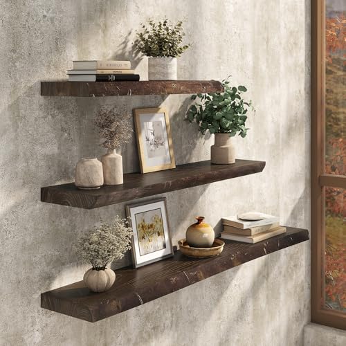 Floating Shelves Set of 2, Solid Elm Wood Wall Shelves 32 Inch - Invisible Bracket Mount for Living Room, Bedroom, Kitchen, Bathroom - Natural - color: Dark Brown, size: 32"L, 2-Pack