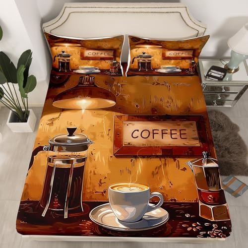 Feelyou Coffee Bed Sheets Set Queen Size Coffee Theme Bedding Set for Kids Boys Girls Coffee Drink Cup Sheets with Deep Pocket Fitted Sheet Enjoyable Bedding Set - color: Auburn, size: Queen