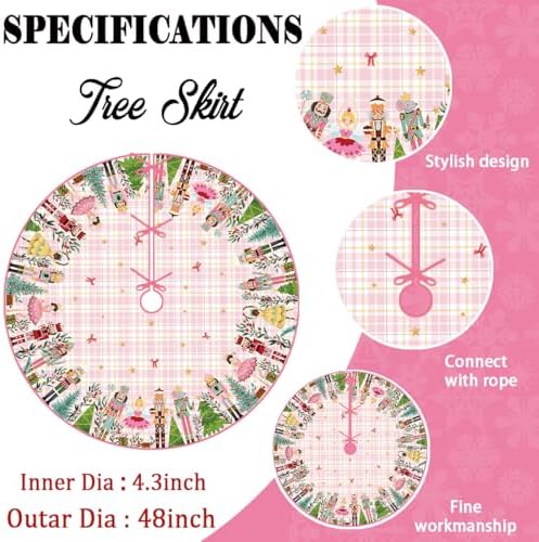 Christmas Tree Skirt 48 Inch Winter Xmas Pink Nutcracker Home Party Decor