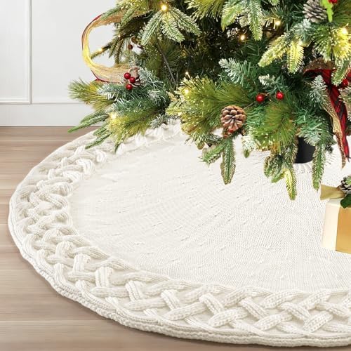 TOCHGREEN White Knitted Christmas Tree Skirt 36 inches Chunky Cable Knit Thick Rustic Christmas Tree Mat Farmhouse Decor Xmas Tree Base Cover for Home Holiday New Year Party Decor (White, 36inch)