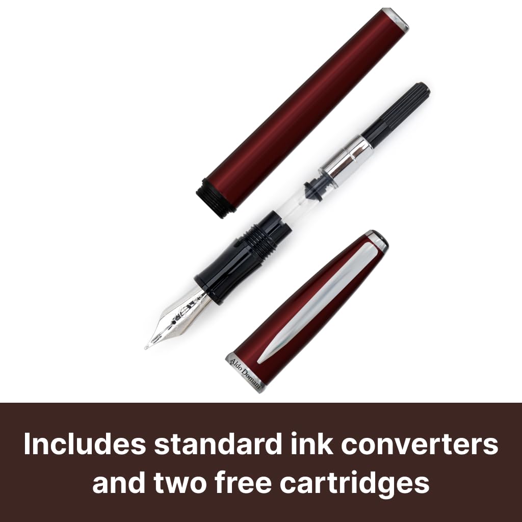 Monteverde USA Aldo Domani Fountain Pen Red – Medium Nib – Free Ink Bottle, Converter & Cartridges – JoWo German Nib – Refillable Gift Pen in Box