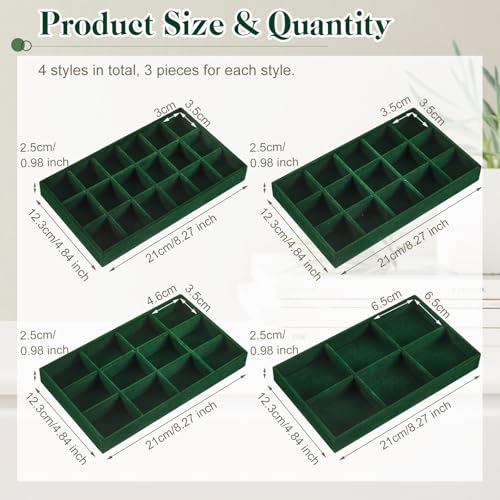 Junkin 12 Pcs Jewelry Tray Velvet Stackable Jewelry Organizer Trays Divided Earring Accessories Storage Containers Box (Rose Red) - color: Green
