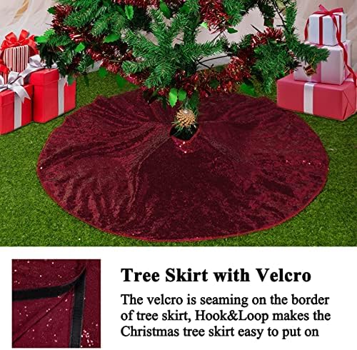 AMZLOKAE 48 Inch Burgundy Sequin Tree Skirt - Glitter Halloween and Xmas Sparkle Christmas Tree Skirt - Holiday Decorations Wine Kit