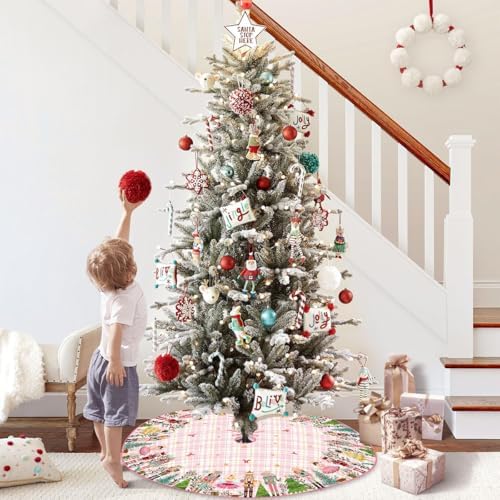Christmas Tree Skirt 48 Inch Winter Xmas Pink Nutcracker Home Party Decor