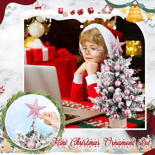 RoundFunny 25 Pcs Mini Christmas Balls Ornaments Set 1.57 Inch Christmas Day Ball Topper Star Tree Hanging Ornaments for Party Decoration(Pink)
