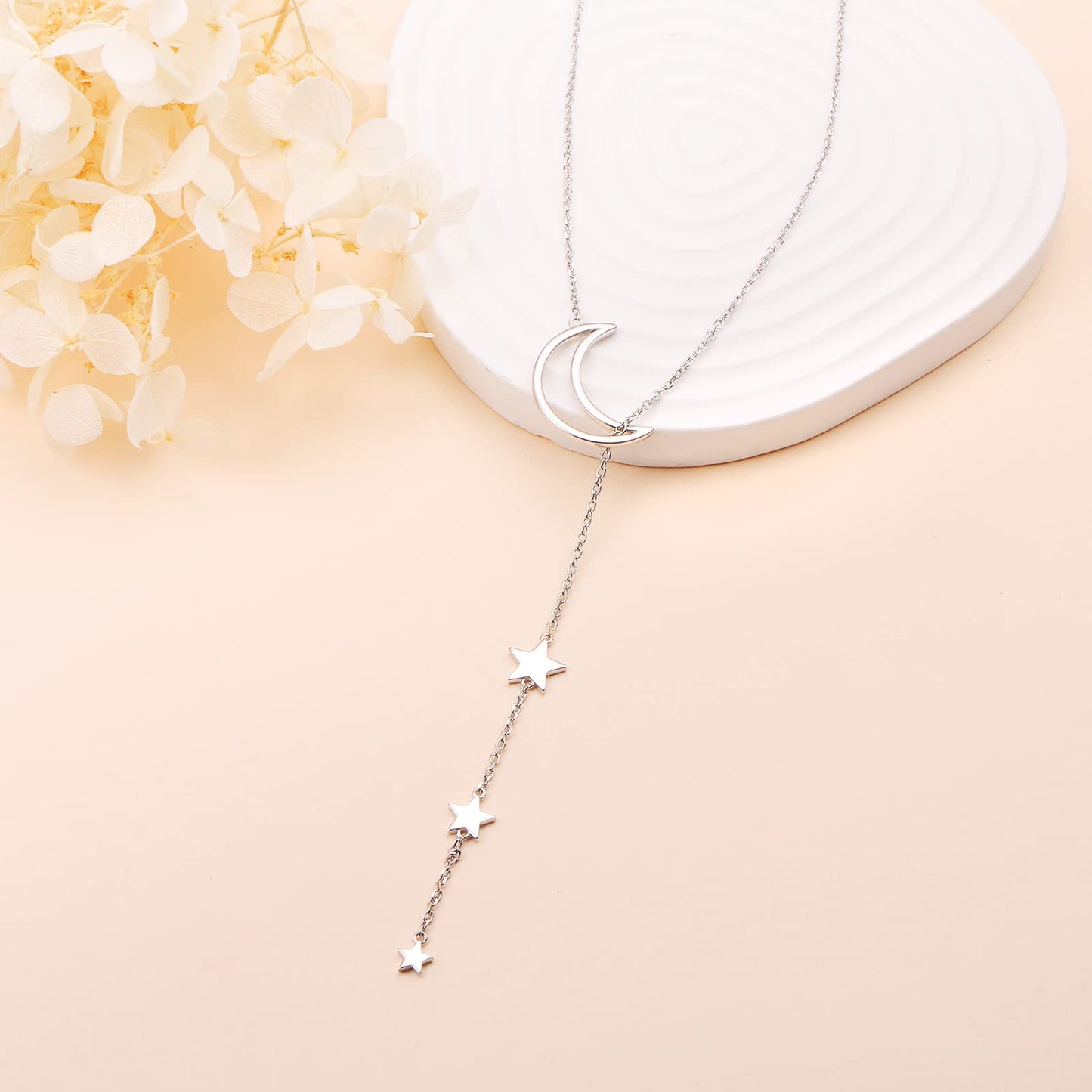 DAOCHONG Moon Star Y Shaped Lariat Necklace Sterling Silver Lariat Long Chain Drop Adjustable Necklace Layered Necklace 30"