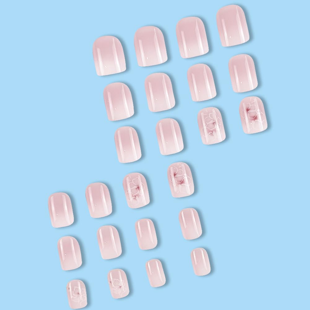 Acrylic Press on Nails Short Square Fake Nails White Ombre Glue on Nails Short False Nails with Flower Gloss Designs Nails Press on Artificial Nails Stick on Nails for Women 24Pcs
