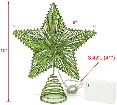 CVHOMEDECO. Green Glittered 3D Tree Top Star with Warm White LED Lights and Timer for Christmas Tree Decoration and Holiday Seasonal D??cor, 8 x 10 Inch