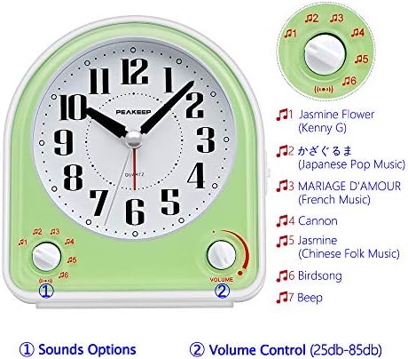 Peakeep Analog Alarm Clock Non-Ticking Silent, 7 Wake-up Sounds | with Volume Control, Nightlight and Snooze, AA Battery Operated (Green)