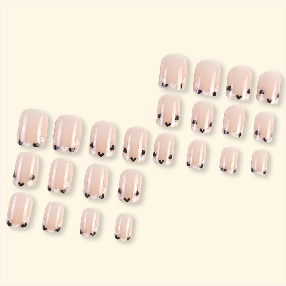 Short Square French Tip Fake Nails with Heart Love Design - Cute Nude Nature Squoval False Glossy Glue on Nails 24 Pcs