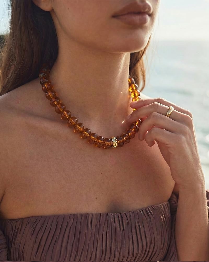 FAUTHENTICUTE Chunky Brown Beaded Necklace for Women Translucent Amber Brown Bead Choker Statement Adjustable Beach Necklace Trendy Summer Jewelry Gift