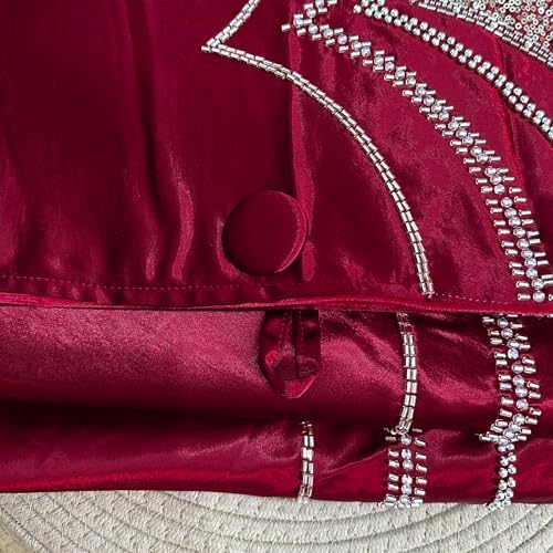 72-Inch Beaded Scalloped Christmas Tree Skirt in Foam-Lined Satin, Button-Loop Closures, Cranberry