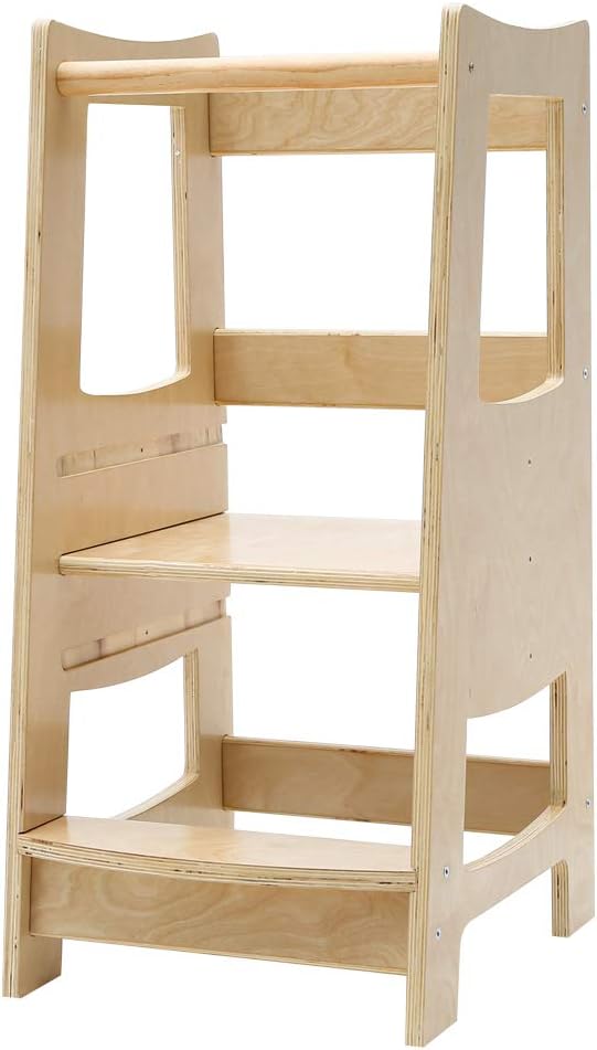 Toddler Kitchen Step Stool with Safety Rail Kids Wooden Standing Tower for Kitchen Counter and Bathroom Sink, 3 Heights Adjustable Step Up Stool Mothers' Helper, Solid Wood Construction, Natural