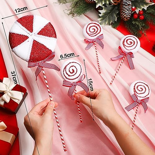 Wettarn 12 Pieces Christmas Candy Tree Picks with Ribbon Christmas Decorations 5.9" & 14.5" Glitter Lollipop Candy Canes Ornaments for Xmas Tree Topper Home Vase Party Ornaments(Red)