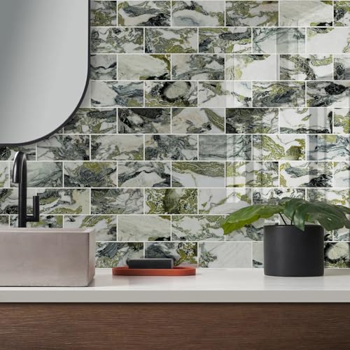 Vamos Tile 100-Piece Glossy Ice Green Peel and Stick Backsplash Tile,3''x6'' PVC Subway Tile with White Grout,Stick on Backsplash for Kitchen/Bathroom/Fireplace - color: Ice Green