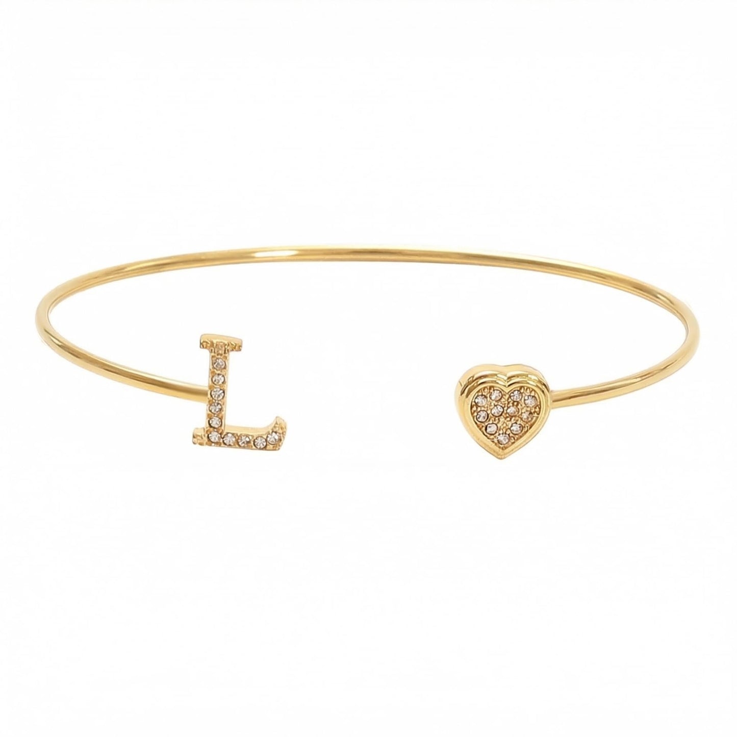 BXDA Trendy Gold Plated Heart Initial L Cuff Bangle Bracelet for Women, Handmade Statement Cubic Zirconia Stackable Open Letter Bracelets Fashion Jewelry Accessories Gift