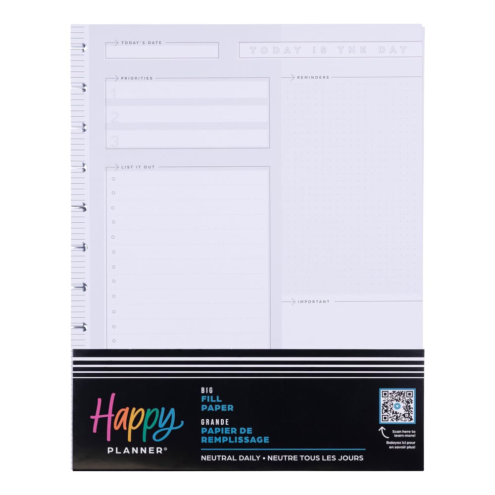 Happy Planner Undated Refill Paper for Planners and Journals, Neutral Lined Dashboard Layout Daily Notebook Planner Paper, Big Size, 100 Sheets 8 1/2" x 11"