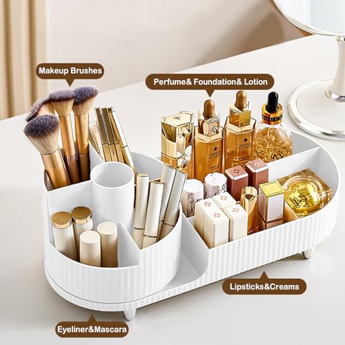 Rotating Vanity Organizer with Brush Holder, Large Spinning Makeup Skincare & Cosmetic Organizer, Countertop Perfume & Lotions Display Case (White) - color: Pure White
