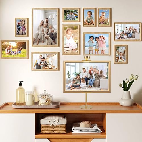 Adjustable Desktop Photo Frame Stand with Magnetic Wall Painting Light, Holds Picture Frames up to 30 Inch,with Rechargeable Battery,Metal Vertical Stand with 3 Color Temperature & 13RGB Poster Lights, for Displaying Picture Frames, Artworks (1 Pack,Gold)