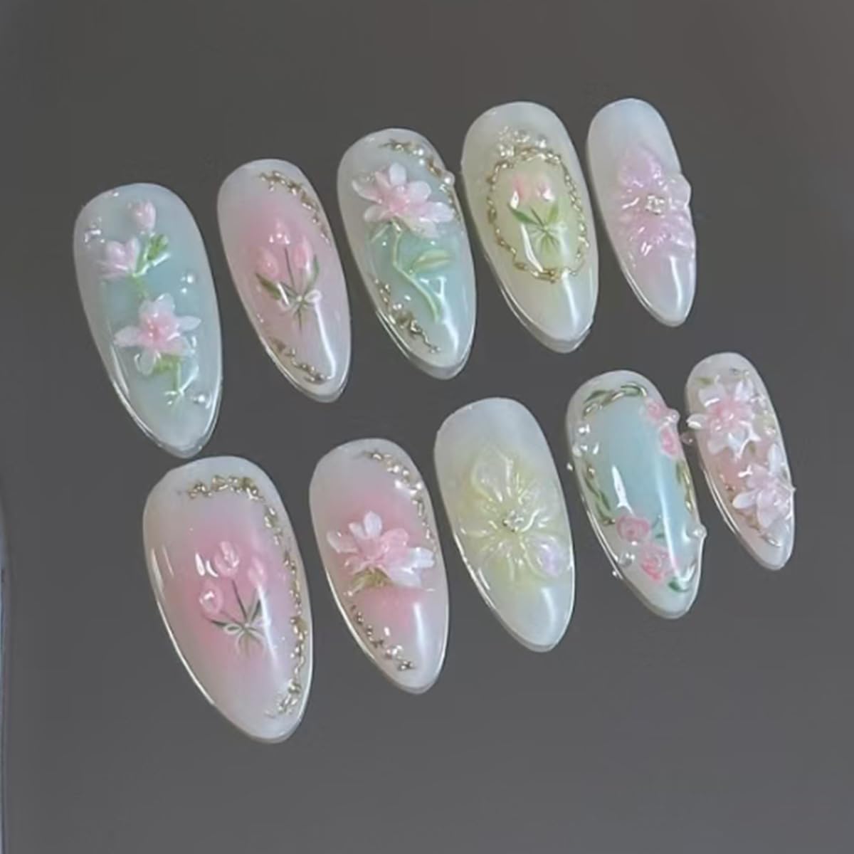 Mkwntg 24Pcs Gradient Press on Nails Medium Almond Fake Nails 3D Light Flower Blush Pearl Shimmer False Nails Pink Blue White Glue on Nails Reusable Acrylic Spring Floral Stick on Nail for Women