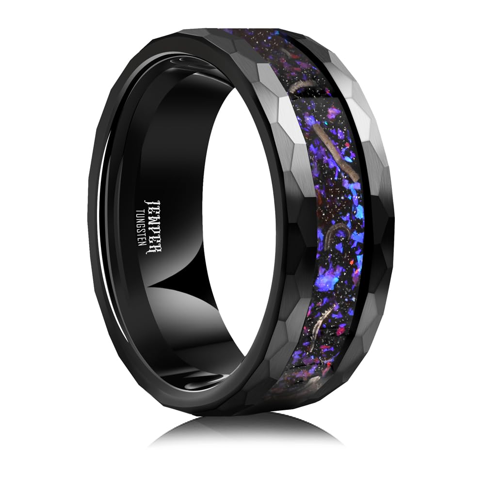 JEWPER 8mm Men Womens Wedding Band Tungsten Rings Black Blue Hammer pattern Fashion Promise Carbide Inlaid Milky Way Foil Iron Filings Matte Finish Edge Comfort Fit Size(11)