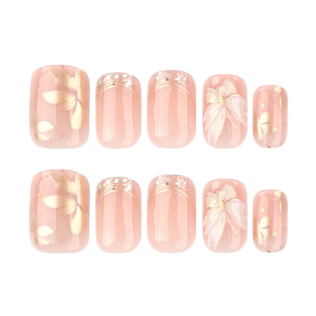 Foccna French Press on Nails Short Nude Fake Nails Square Bling Gold Line Design Glossy False Nail Tips Artificial Nails for Women 24pcs