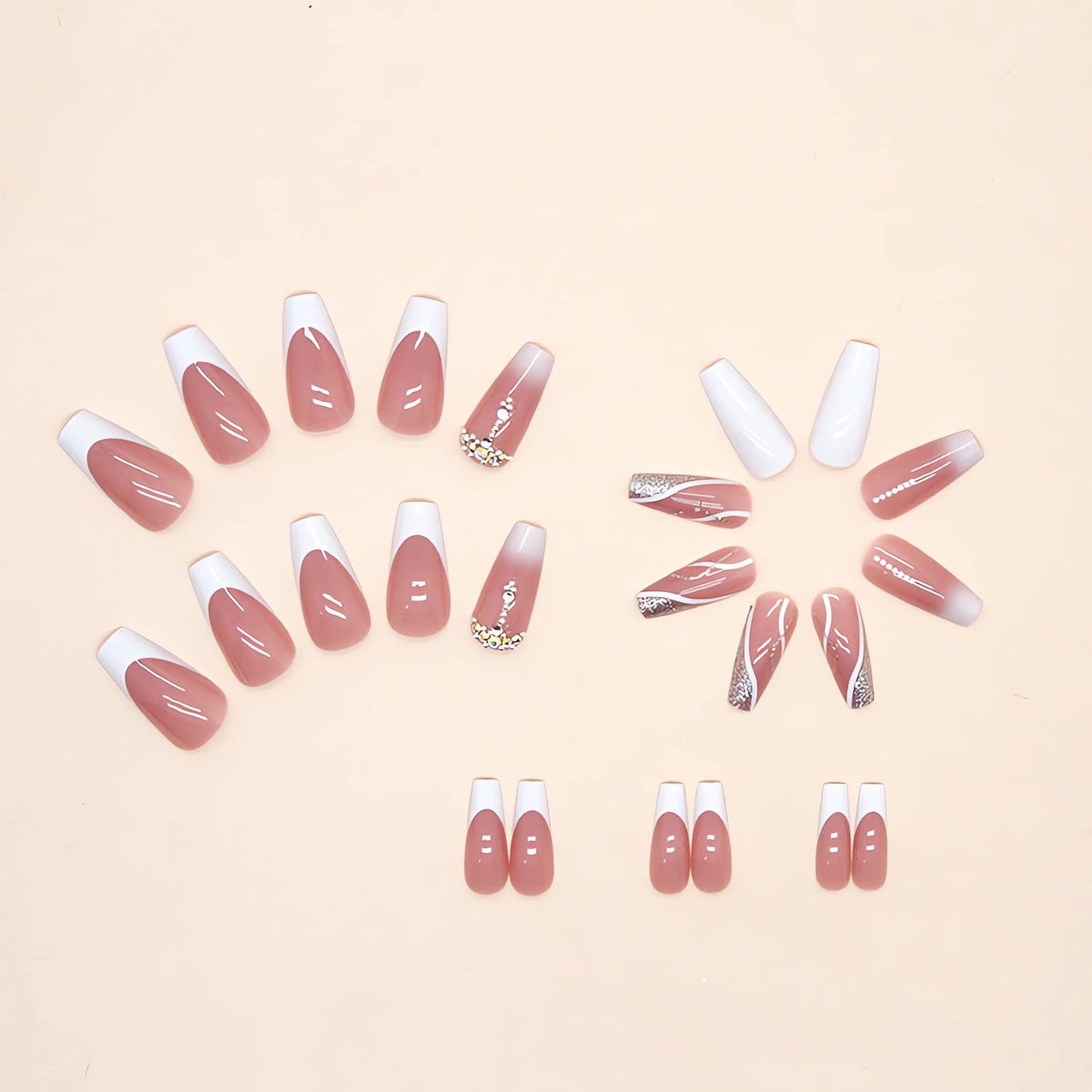 IMSOHOT Coffin Press on Nails Long Gradient Fake Nails Pink Rhinestone False Nails with Designs White Ballerina French Glossy Full Cover Acrylic Nails 24Pcs