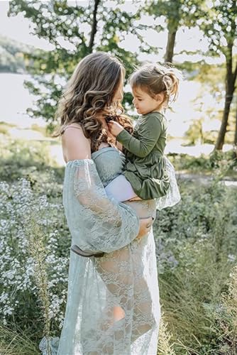 Saslax Soft Stretchy Lace Off Shoulder Doubly Split A-line Skirt Maternity Dress Pregnancy Maxi Gown for Photoshoot - color: Sage, size: X-Large