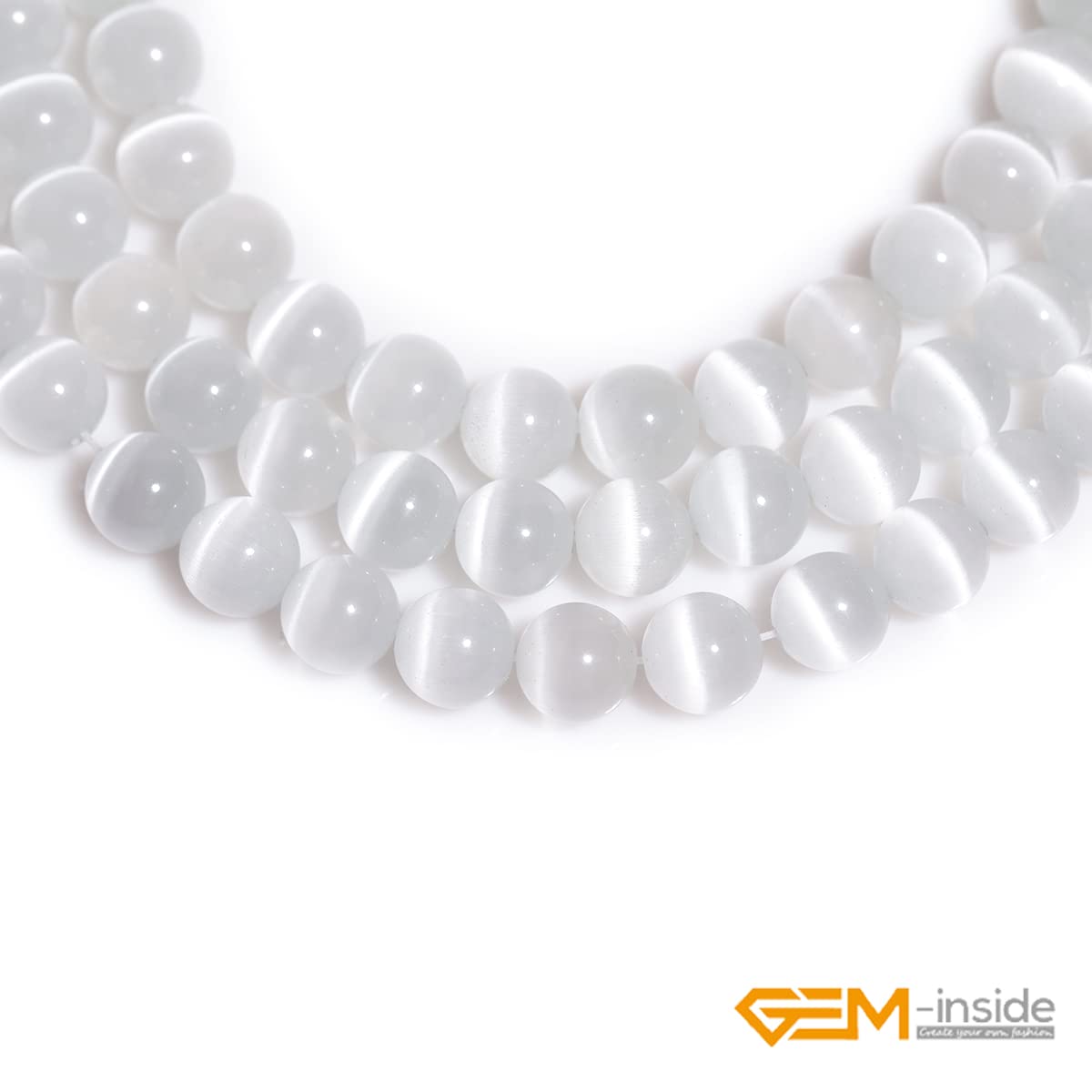 GEM-Inside Cat Eye Gemstone Loose Beads 8mm Round White Crystal Energy Stone Power Beads for Jewelry Making 15"