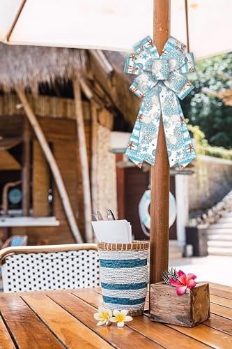 Large Summer Wreath Bows - Linen Sea Ocean Burlap Blue Sea Turtle Coral Ribbon Bows for Ocean Theme Decor Indoor Outdoor Tree Topper Wreath Decoration Supplies