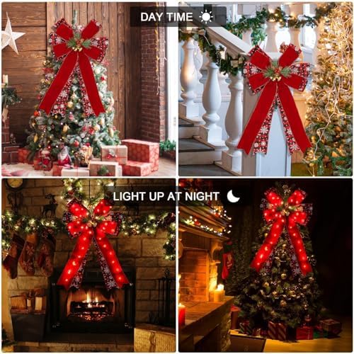2 Pcs LED Large Red Christmas Bows Decorations, 20” X 12” Red Bow Linen Wreath with Bow Bells, Berry, Pine Cones for Christmas Tree Topper Outdoor Indoor Home Front Door Decor, 40 Warm Lights