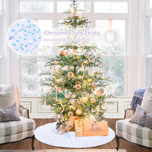 Mini Tree Skirt 24 Inches White Iridescent Sequin Embroidery Velvet Tree Skirts for Home Party Christmas Tree Decorations