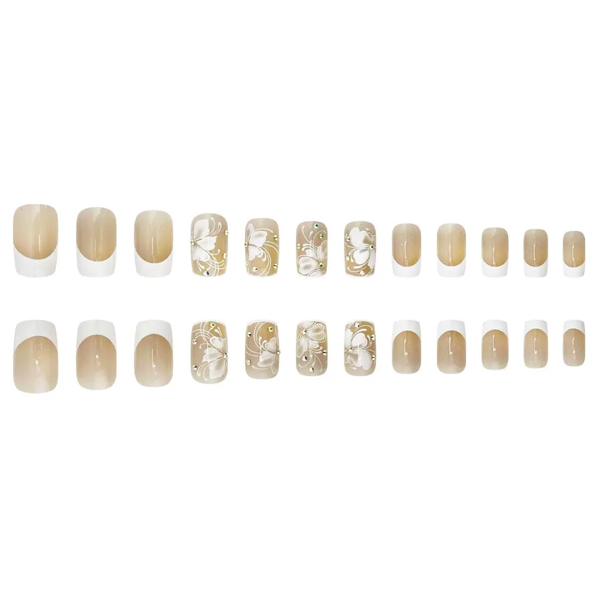Square Press on Nails Medium - White Fake Nails with Flower Design - Rhinestone, French Tip Full Cover Stick on Nails - for Women 24 Pcs