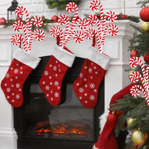 Sggvecsy 12 Pcs Christmas Tree Decoration Woolen Bells Candy Cane Shaped Picks Lollipop Curly Pick Ornaments Xmas Tree Topper for Party Vase Filler Home Office Decor (Red)
