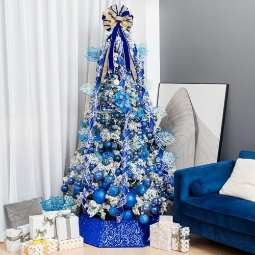 XmasExp Christmas Tree Collar, 33.5 inch Sequin Tree Skirt Stand Base Cover for Home Decor, Large Size 6 Piece, Blue