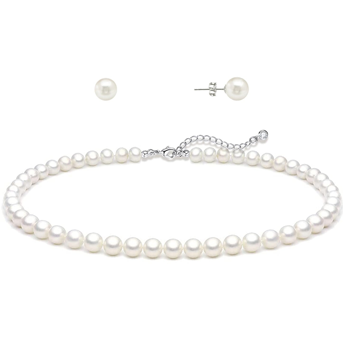 Zeffy Pearl Necklace and Earring Set for Women, 2PCS White Round Faux Pearl Necklace Earring Set, Jewelry for Brides