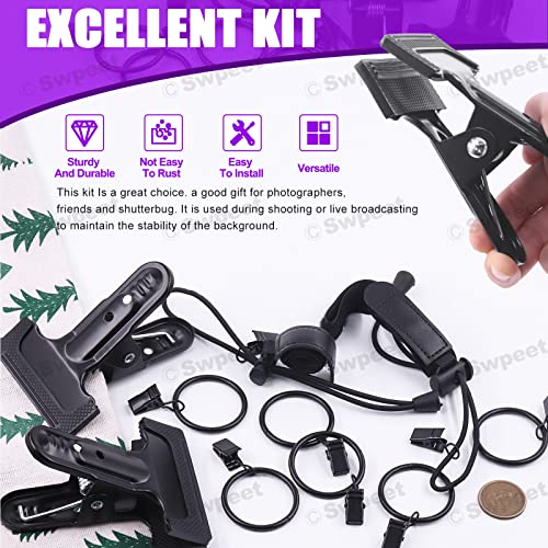 Swpeet 22Pcs Photography Backdrop Clips Clamps Assorments Kit, 10Pcs Curtain Rings with Clips, 6Pcs Backdrop Spring Clamps and 6Pcs Leather Background Clips Holder - size: No.2 Backdrop Clips Clamps