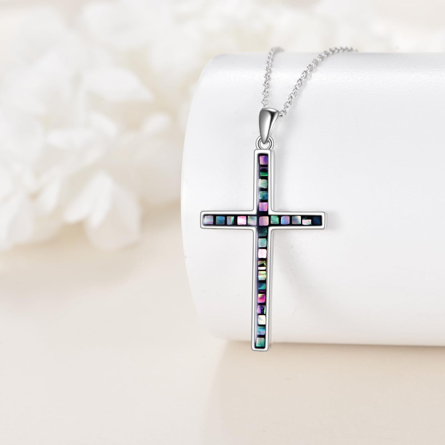 YFN I Can Do All Things Cross Necklace Sterling Silver Abalone Shell Cross Pendant Thin Cross Jewelry Gifts for Women Men