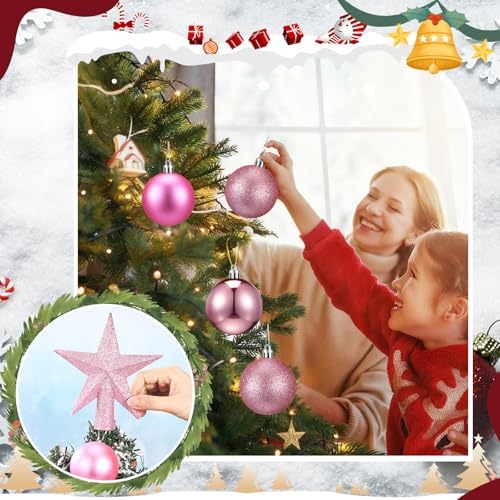 RoundFunny 25 Pcs Mini Christmas Balls Ornaments Set 2.36 Inch Christmas Day Ball Topper Star Tree Hanging Ornaments for Party Decoration(Pink)
