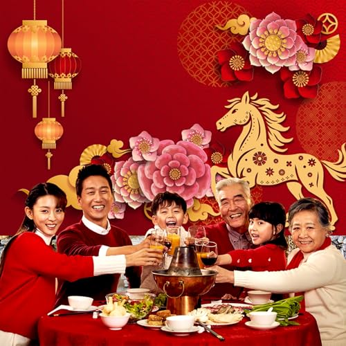 AOFOTO 7x5ft Happy Chinese New Year Backdrop China Spring Festival Lunar Year of The Horse Decoration Banner Paper Cut Flowers CNY Lanterns 2026 Background Party Supplies Photoshoot Studio Props - size: 7x5ft