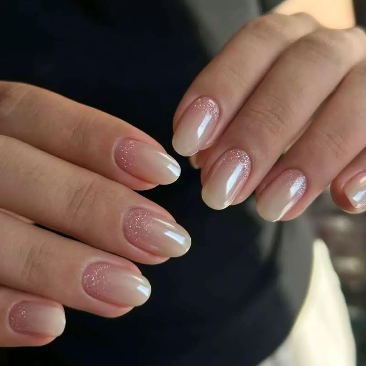 Short Press on Nails Almond - Pink Fake Nails with Ombre Chrome Design - Glitter Glossy Full Cover Stick on False Nails - for Women 24 Pcs